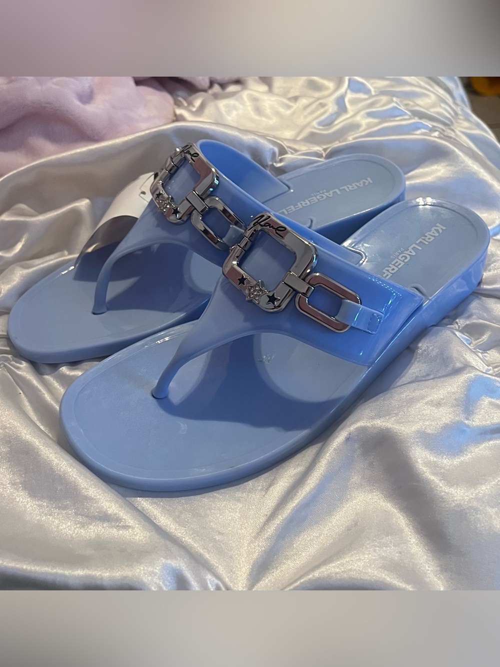 Karl Lagerfeld Light Blue Jelly Thong Sandals with Silver Buckle Accents